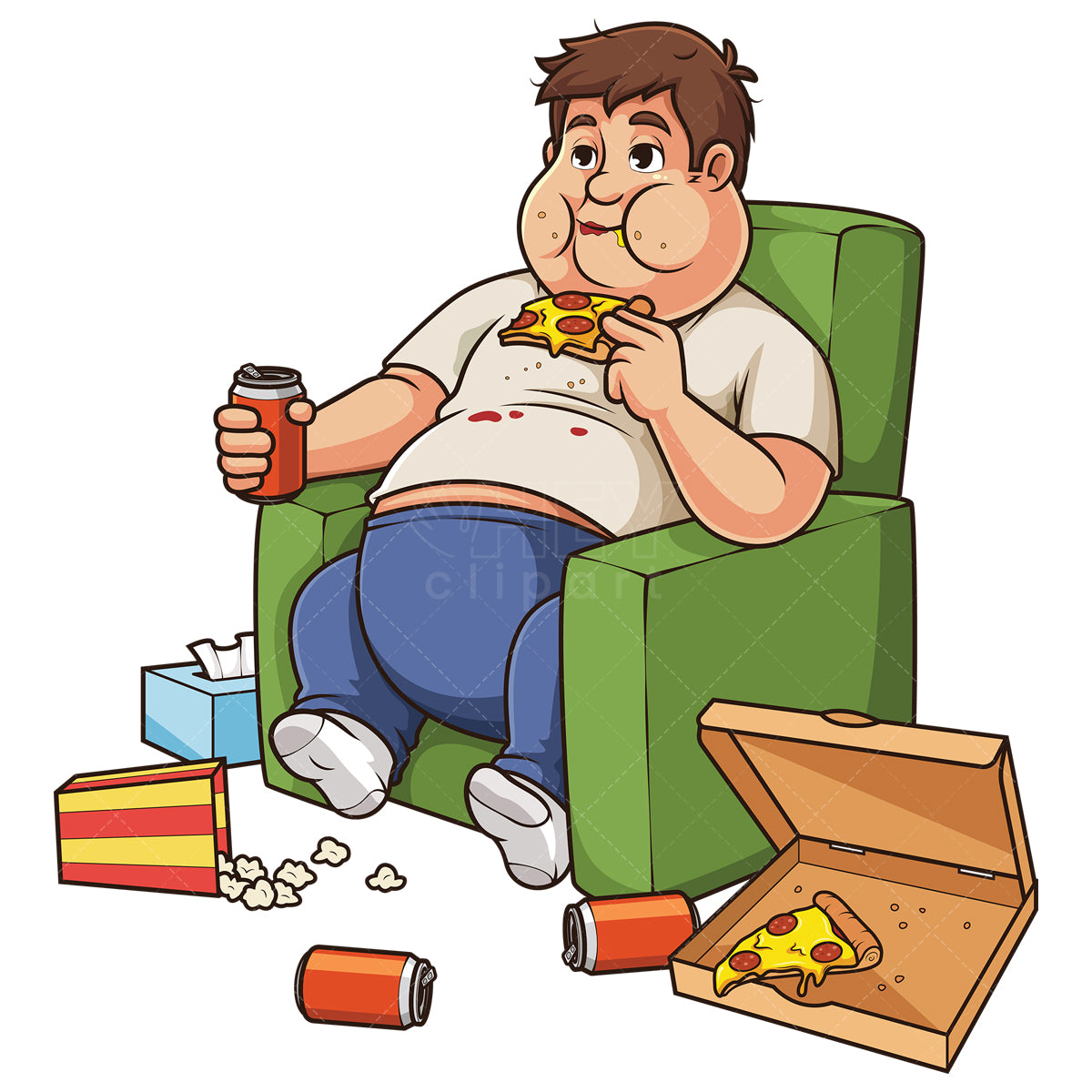 Royalty-free stock vector illustration of a sloppy man on lounge chair eating junk food.