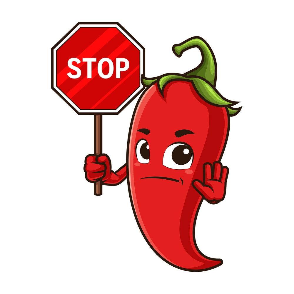 Red chili pepper holding stop sign. PNG - JPG and vector EPS (infinitely scalable).