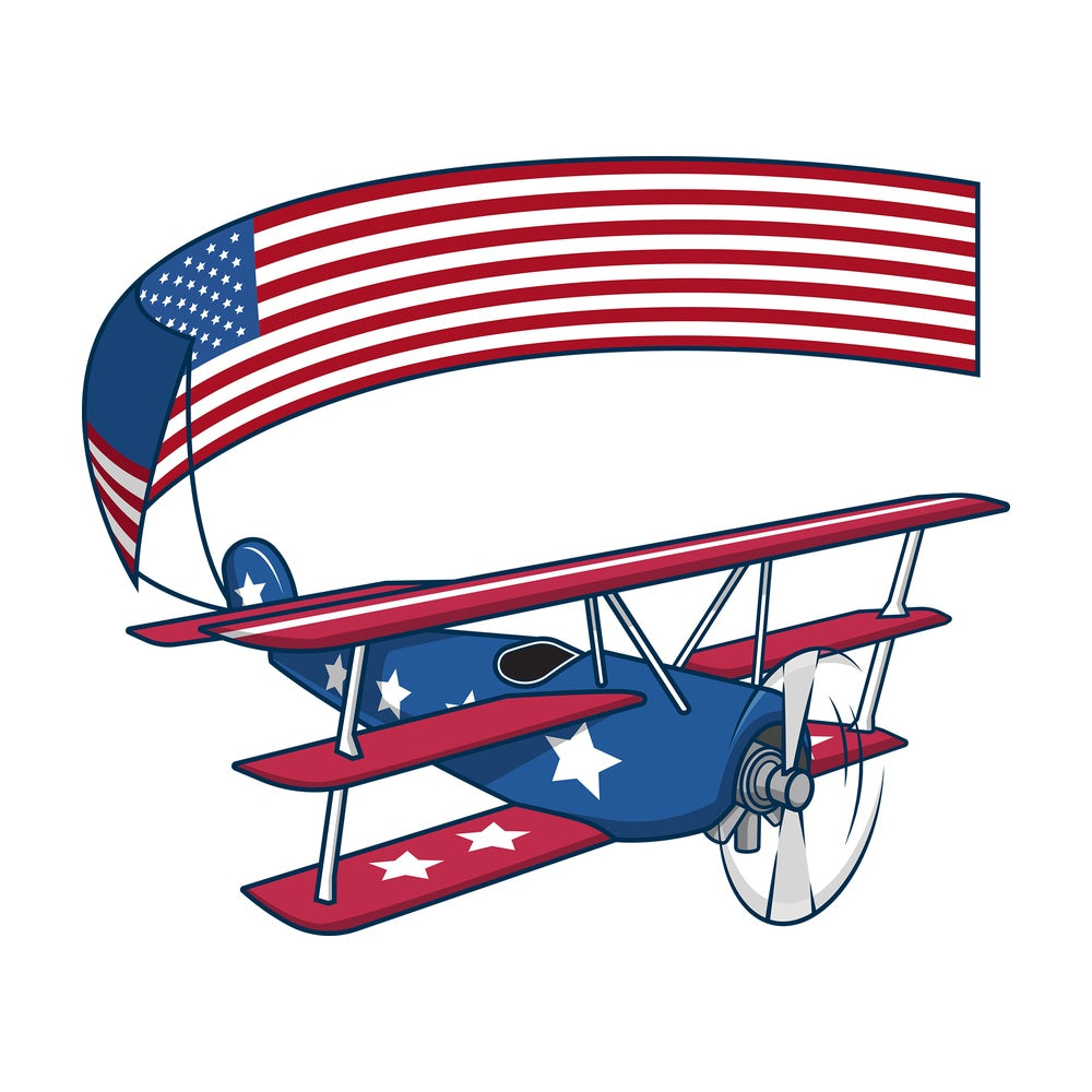 Flying triplane carrying us flag. PNG - JPG and vector EPS file formats (infinitely scalable). Image isolated on transparent background.