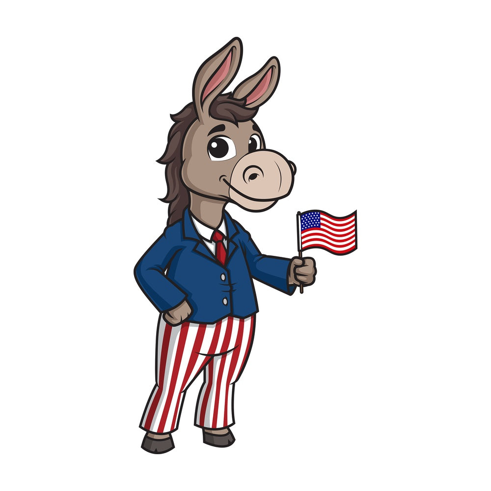 Democrat donkey holding us flag. PNG - JPG and vector EPS (infinitely scalable).