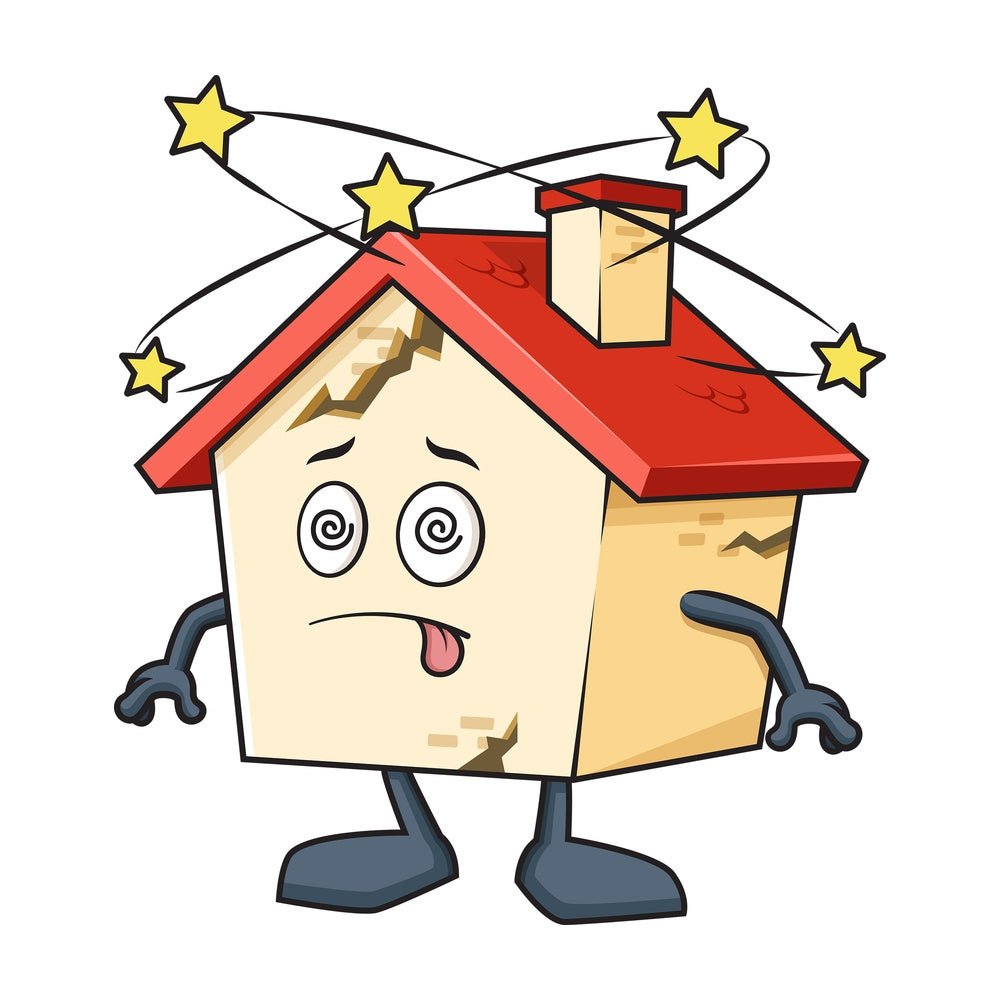 Broken dizzy house mascot. PNG - JPG and vector EPS (infinitely scalable).