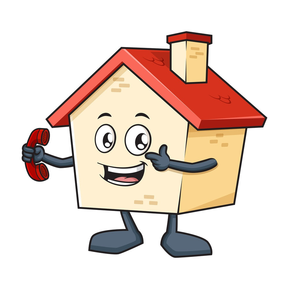 House mascot holding phone. PNG - JPG and vector EPS (infinitely scalable).