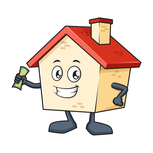 House mascot holding money. PNG - JPG and vector EPS (infinitely scalable).