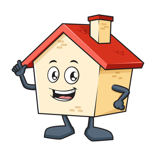 House mascot pointing up. PNG - JPG and vector EPS (infinitely scalable).