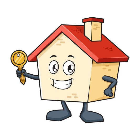 House mascot holding key. PNG - JPG and vector EPS (infinitely scalable).