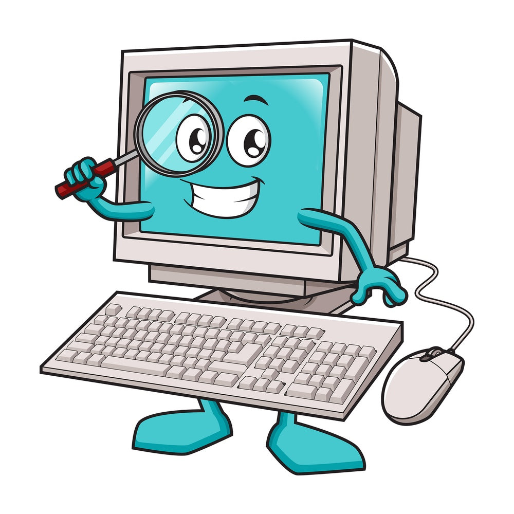 Computer holding magnifying glass. PNG - JPG and vector EPS (infinitely scalable).