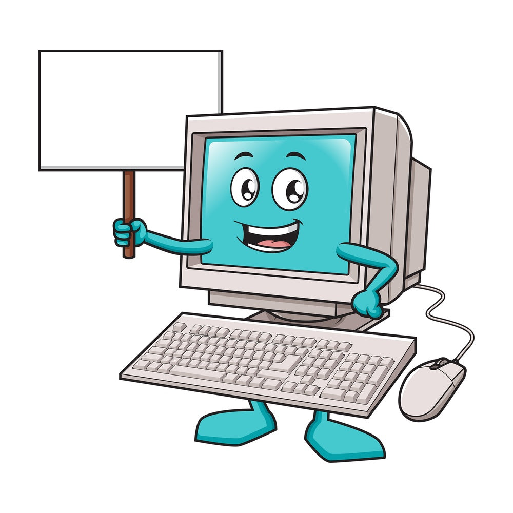 Computer holding blank sign. PNG - JPG and vector EPS (infinitely scalable).