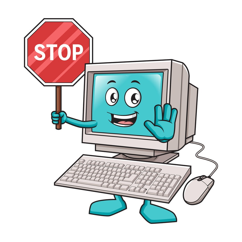 Computer holding stop sign. PNG - JPG and vector EPS (infinitely scalable).