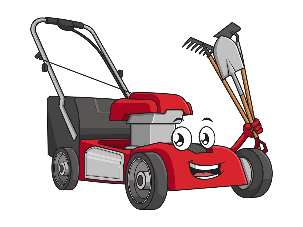 Lawn mower with gardening tools. PNG - JPG and vector EPS (infinitely scalable).