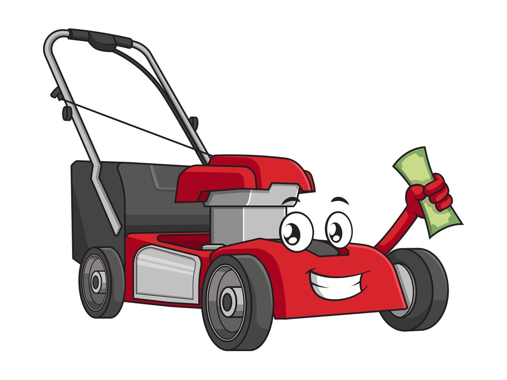 Lawn mower holding money. PNG - JPG and vector EPS (infinitely scalable).
