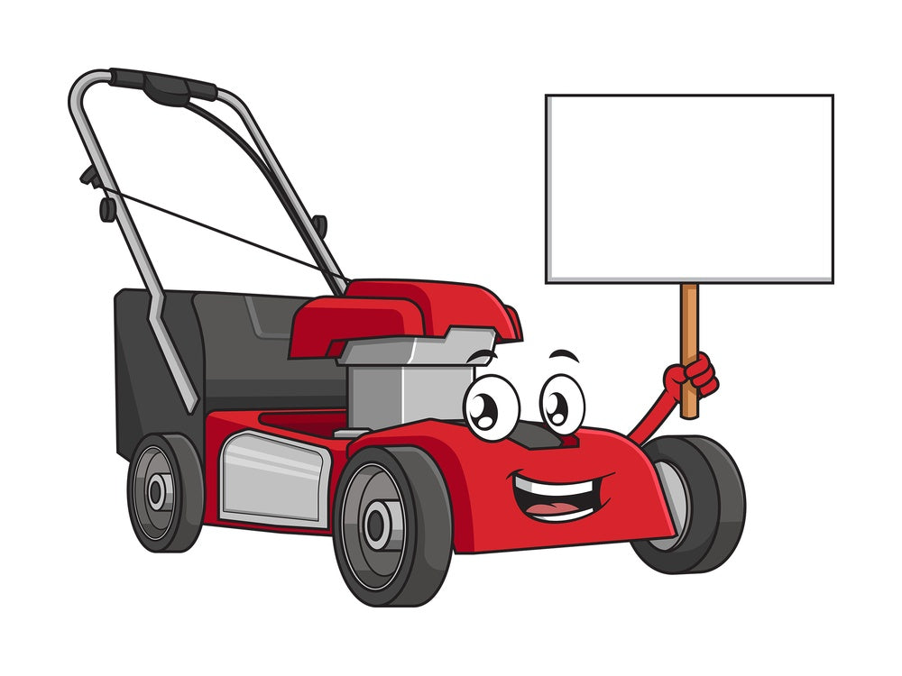 Lawn mower holding blank sign. PNG - JPG and vector EPS (infinitely scalable).