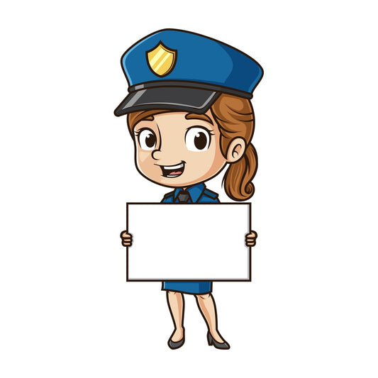 Cute policewoman holding blank sign. PNG - JPG and vector EPS (infinitely scalable).