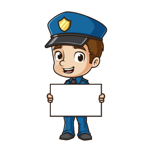 Cute policeman holding blank sign. PNG - JPG and vector EPS (infinitely scalable).