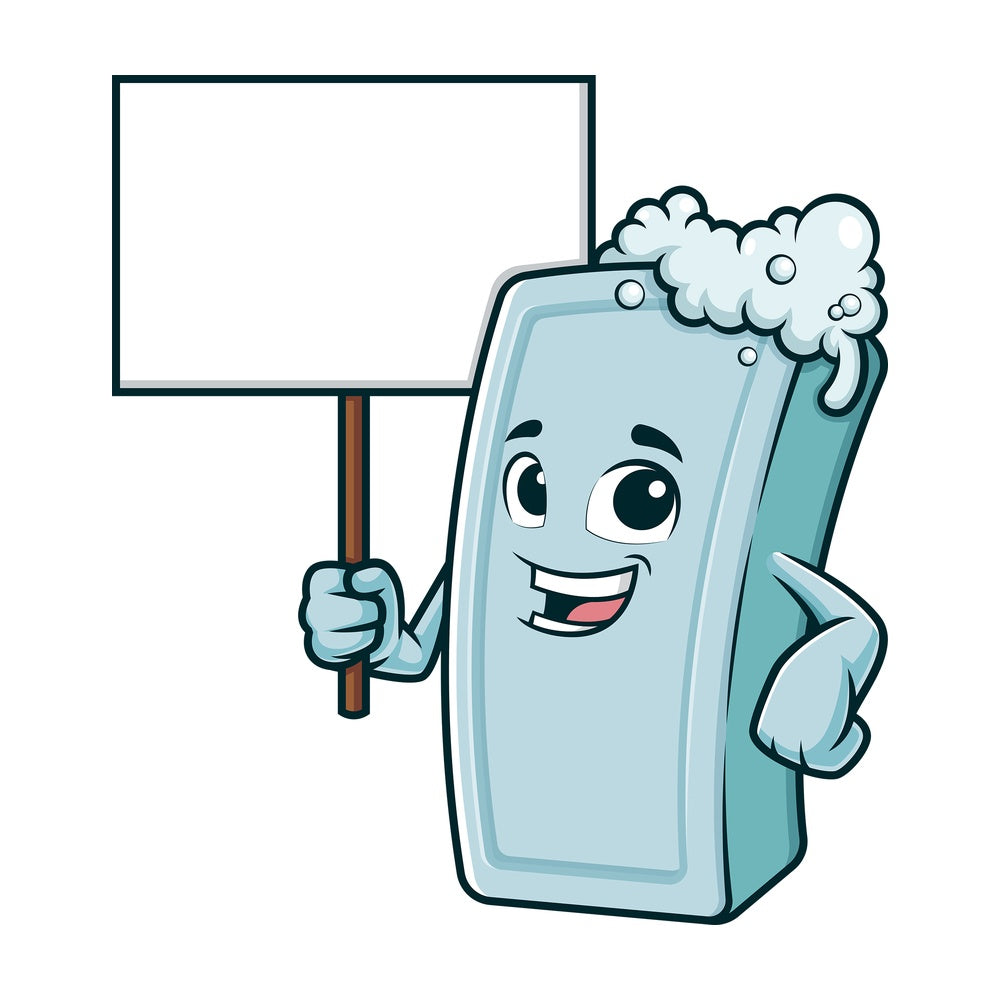 Cartoon soap holding blank sign. PNG - JPG and vector EPS (infinitely scalable).