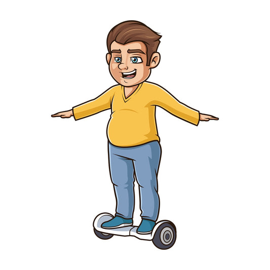 Chubby man balancing on hoverboard. PNG - JPG and vector EPS (infinitely scalable).