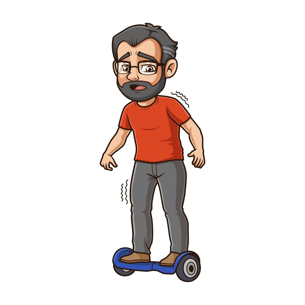 Middle-Aged man on hoverboard. PNG - JPG and vector EPS (infinitely scalable).