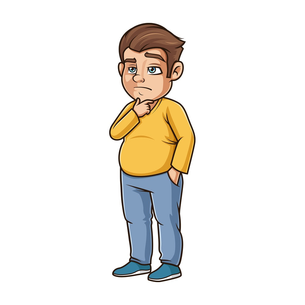 Chubby guy thinking. PNG - JPG and vector EPS (infinitely scalable).