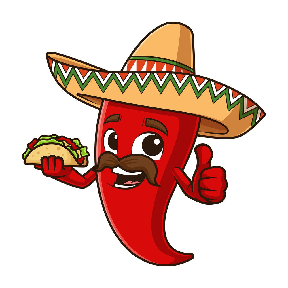 Mexican red pepper holding taco. PNG - JPG and vector EPS file formats (infinitely scalable). Image isolated on transparent background.