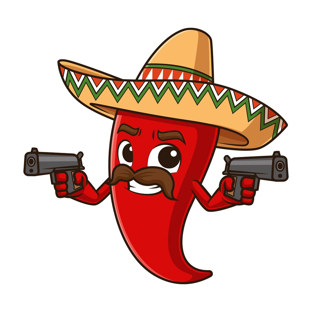Mexican red pepper holding guns. PNG - JPG and vector EPS file formats (infinitely scalable). Image isolated on transparent background.