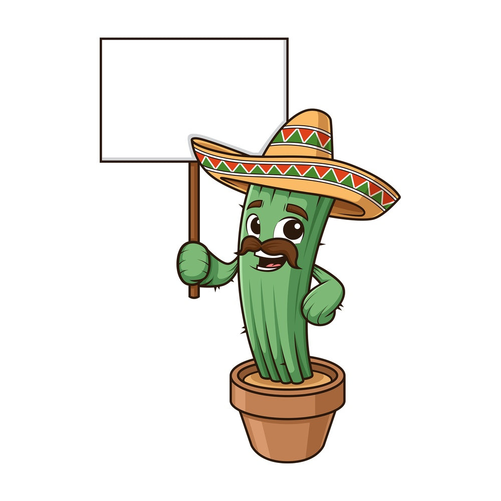 Mexican cactus holding blank sign. PNG - JPG and vector EPS (infinitely scalable).