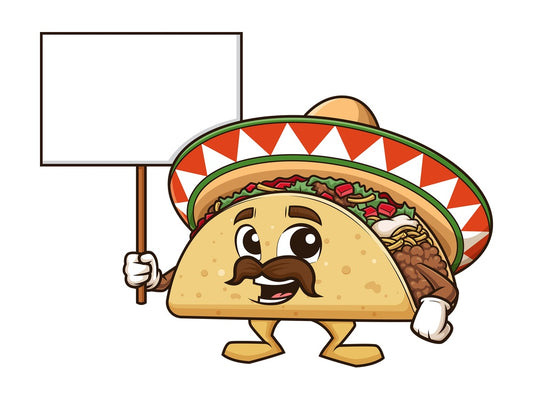 Mexican taco holding blank sign. PNG - JPG and vector EPS (infinitely scalable).