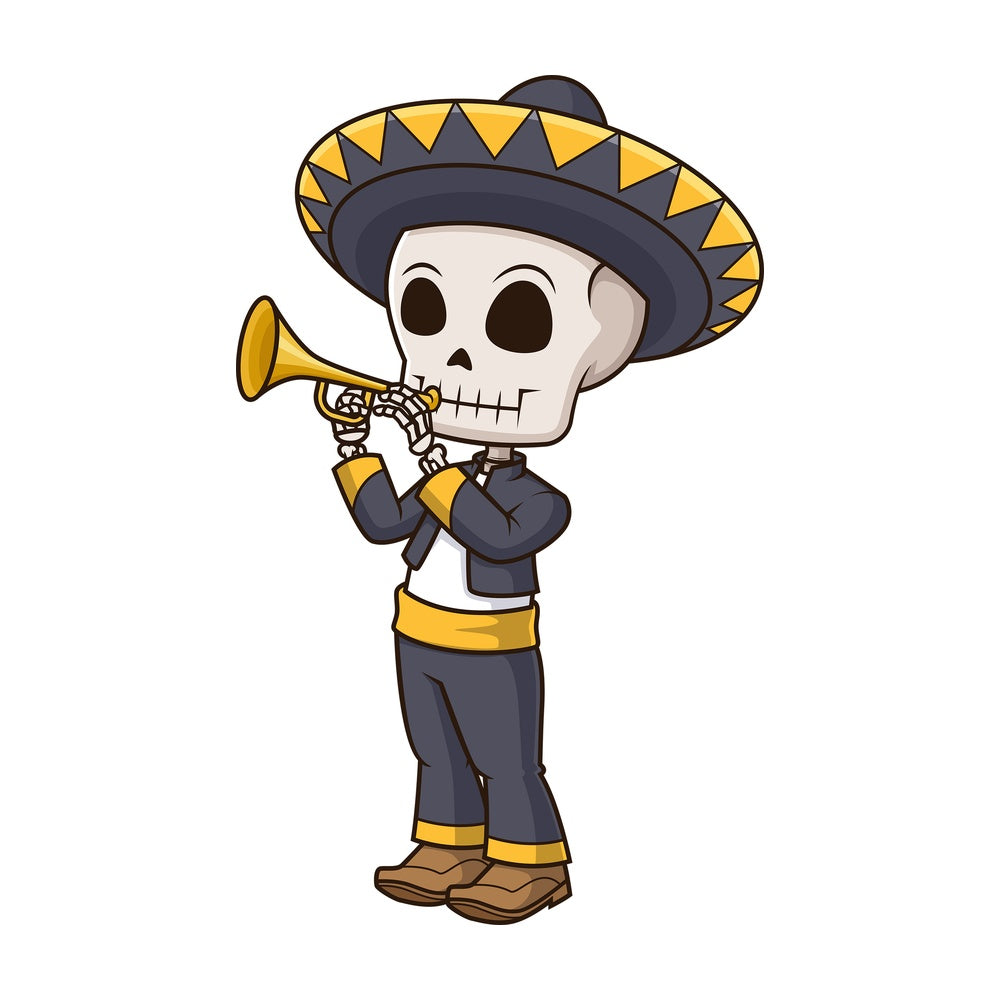 Mexican skeleton playing trumpet. PNG - JPG and vector EPS (infinitely scalable).