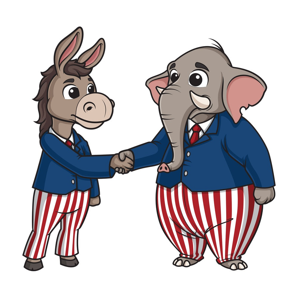 Democrat donkey and republican elephant shaking hands. PNG - JPG and vector EPS file formats (infinitely scalable). Image isolated on transparent background.