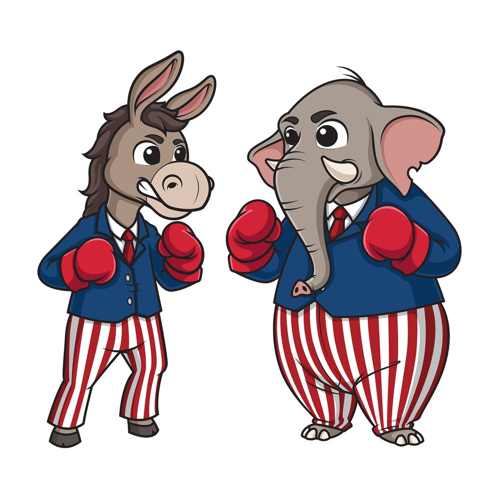 Democrat donkey and republican elephant boxing. PNG - JPG and vector EPS file formats (infinitely scalable). Image isolated on transparent background.