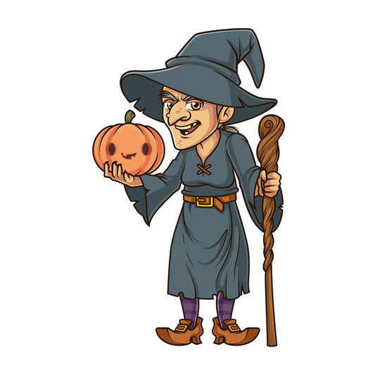Witch holding halloween jack o lantern. PNG - JPG and vector EPS file formats (infinitely scalable). Image isolated on transparent background.