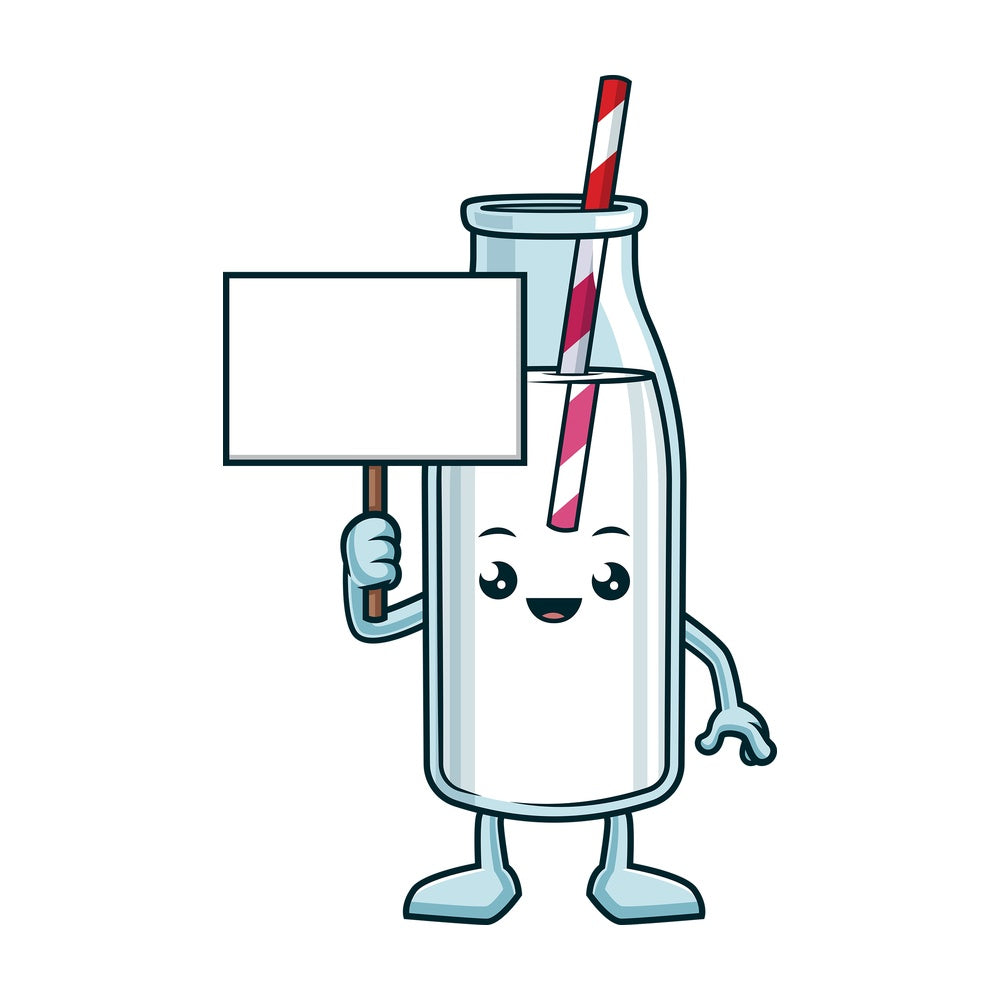 Milk bottle holding blank sign. PNG - JPG and vector EPS (infinitely scalable).