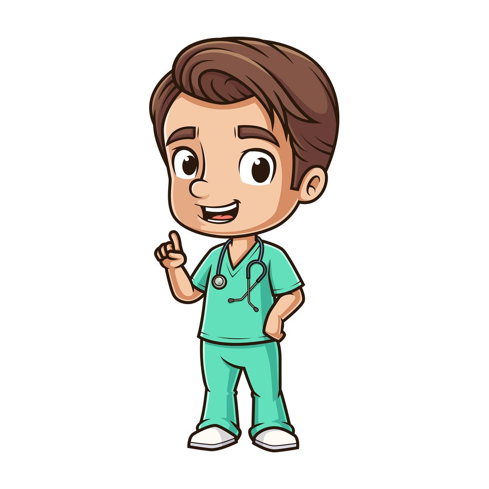 Cute male nurse pointing up. PNG - JPG and vector EPS (infinitely scalable).