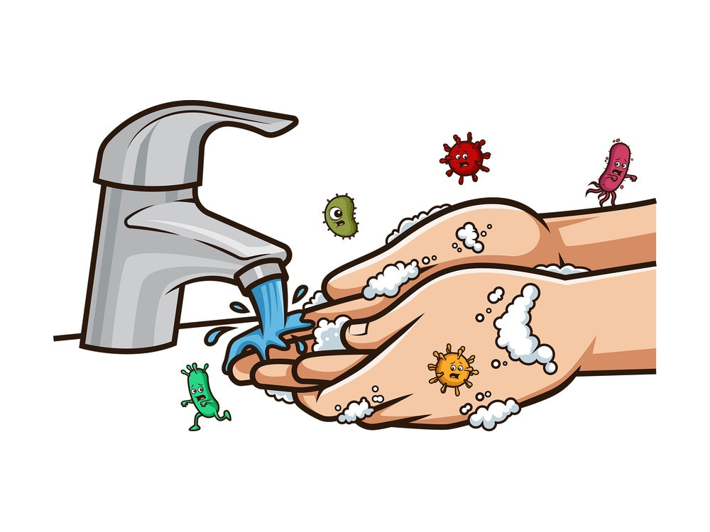 Washing hands germs and viruses running away. PNG - JPG and vector EPS (infinitely scalable).