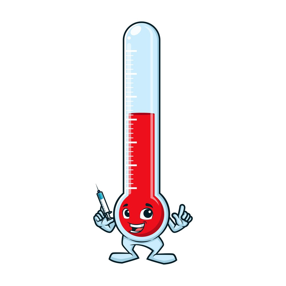 Thermometer holding vaccine. PNG - JPG and vector EPS (infinitely scalable).