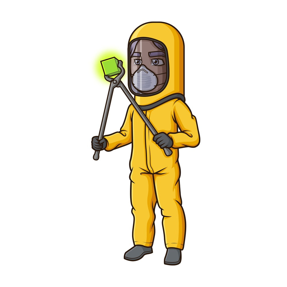 Man in hazmat suit handling radioactive material. PNG - JPG and vector EPS (infinitely scalable).