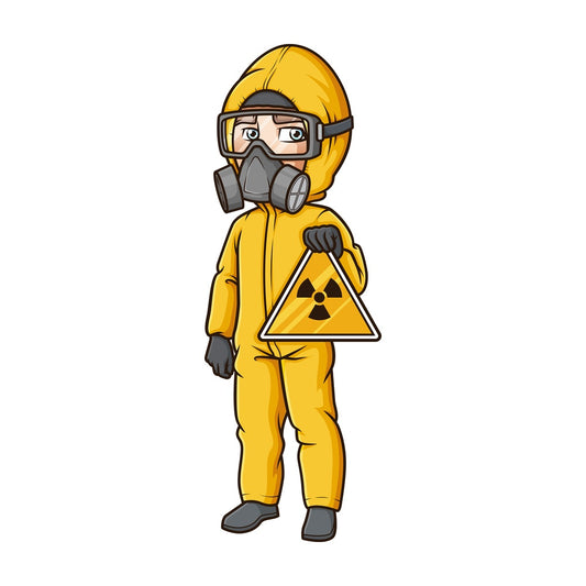 Man in hazmat suit holding nuclear warning sign. PNG - JPG and vector EPS (infinitely scalable).