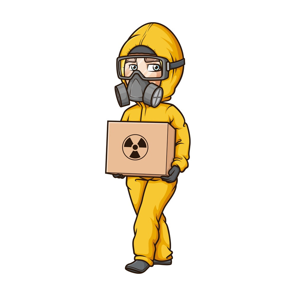 Man in hazmat suit carrying nuclear material. PNG - JPG and vector EPS (infinitely scalable).