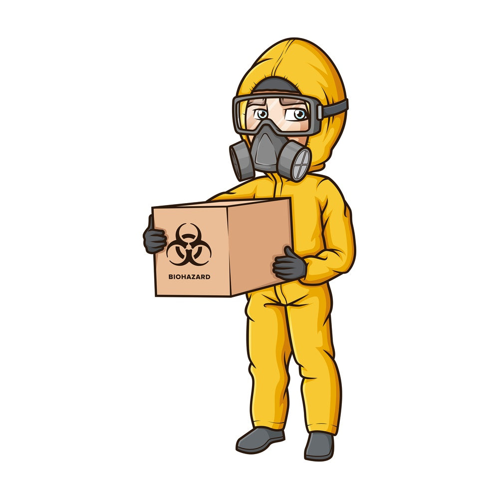 Man in hazmat suit carrying biohazardous waste. PNG - JPG and vector EPS (infinitely scalable).