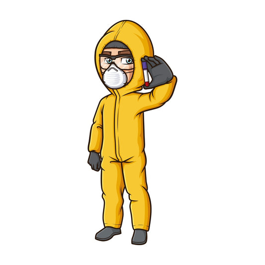 Man in hazmat suit holding test tube. PNG - JPG and vector EPS (infinitely scalable).