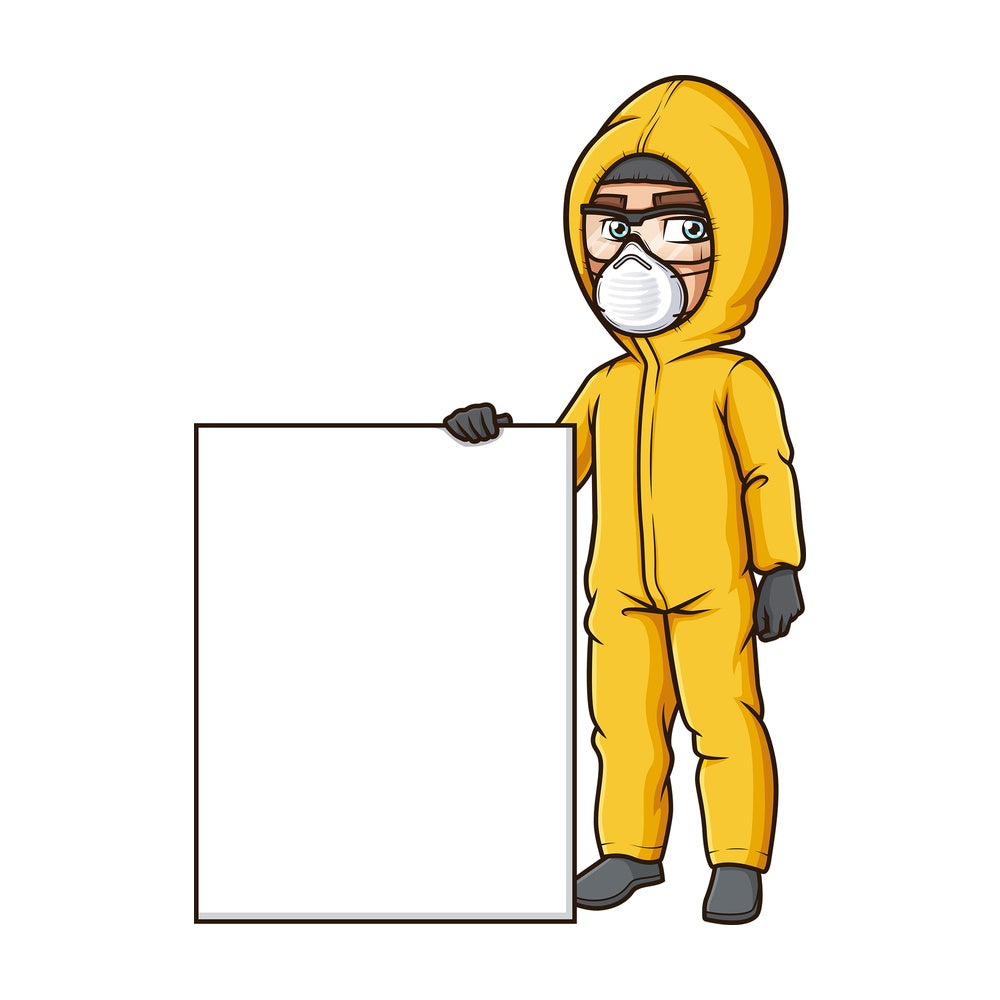 Man in hazmat suit with blank sign. PNG - JPG and vector EPS (infinitely scalable).