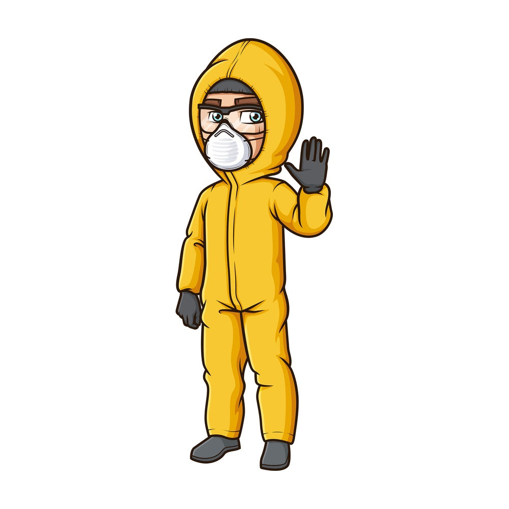 Man in hazmat suit making a stop gesture. PNG - JPG and vector EPS (infinitely scalable).