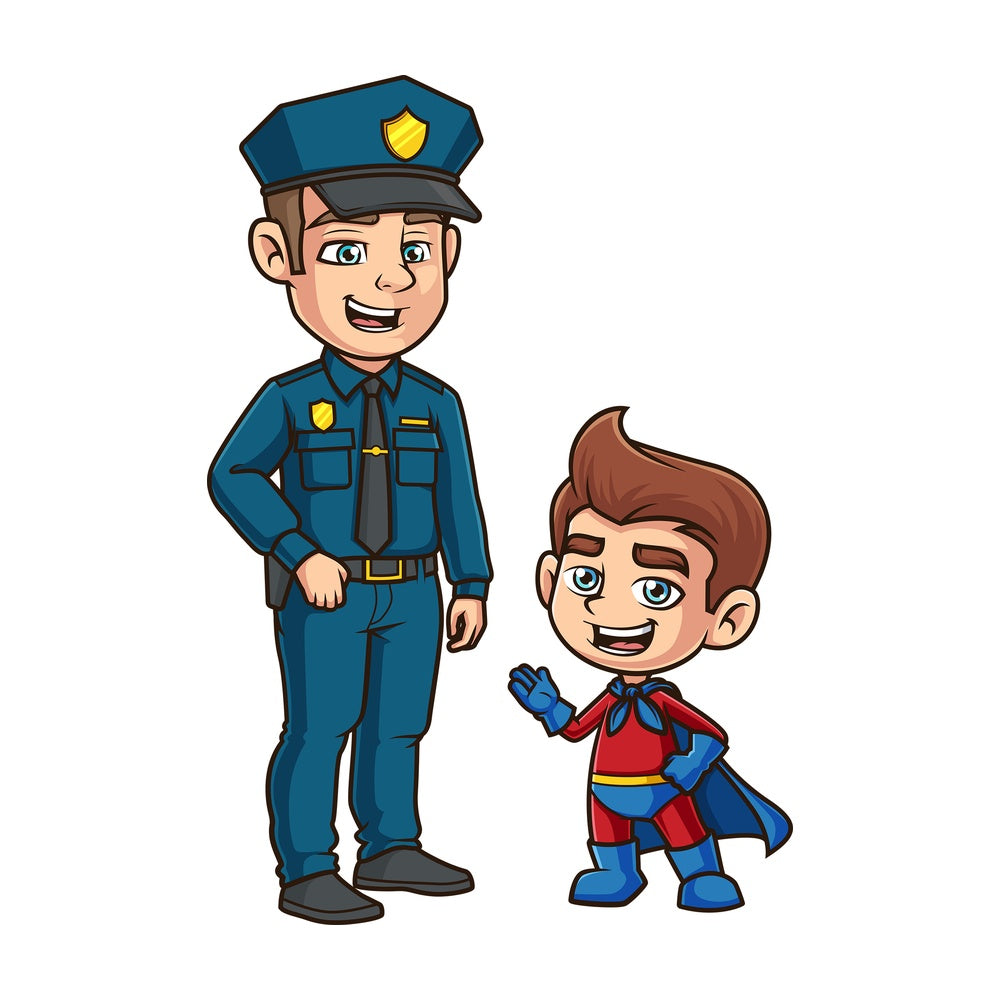 Superhero kid talking to police officer. PNG - JPG and vector EPS (infinitely scalable).