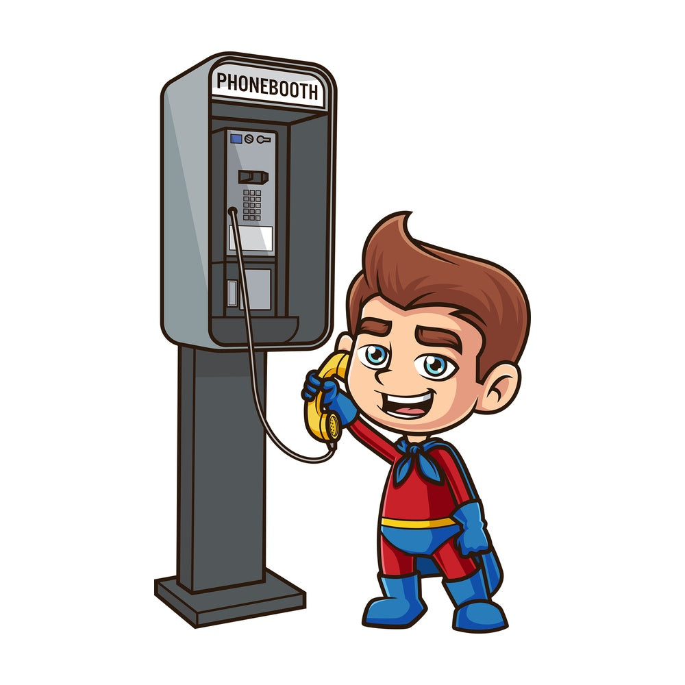 Superhero kid calling from phone booth. PNG - JPG and vector EPS (infinitely scalable).