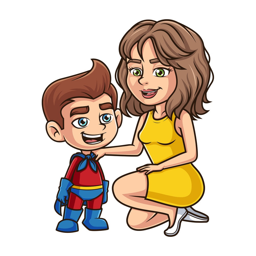 Superhero child talking to woman. PNG - JPG and vector EPS file formats (infinitely scalable). Image isolated on transparent background.