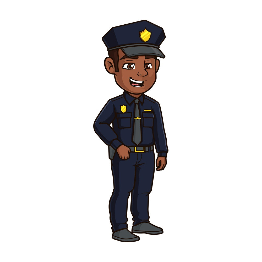 Friendly black police officer. PNG - JPG and vector EPS file formats (infinitely scalable). Image isolated on transparent background.