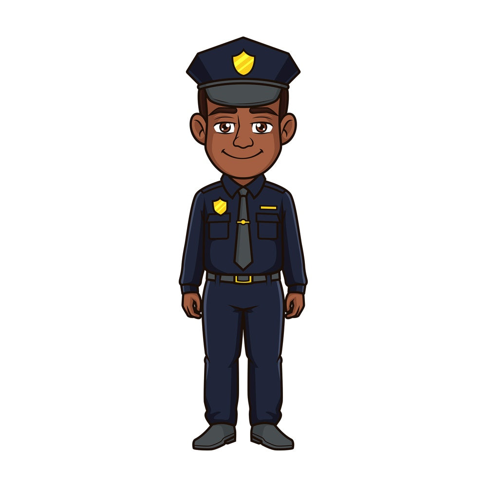 Friendly black policeman. PNG - JPG and vector EPS file formats (infinitely scalable). Image isolated on transparent background.