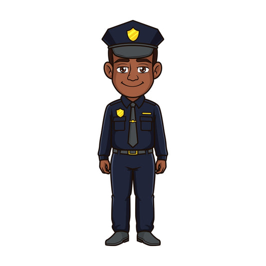Friendly black policeman. PNG - JPG and vector EPS file formats (infinitely scalable). Image isolated on transparent background.