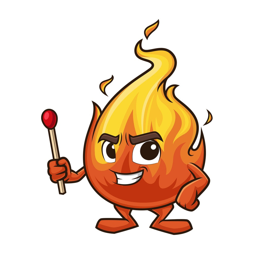 Flame mascot holding match stick. PNG - JPG and vector EPS (infinitely scalable).