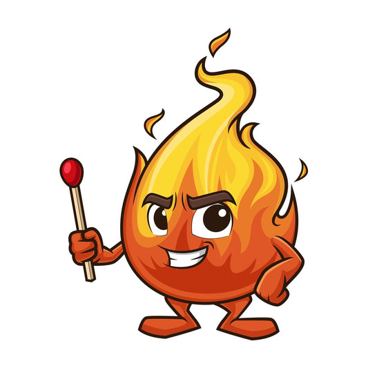 Flame mascot holding match stick. PNG - JPG and vector EPS (infinitely scalable).