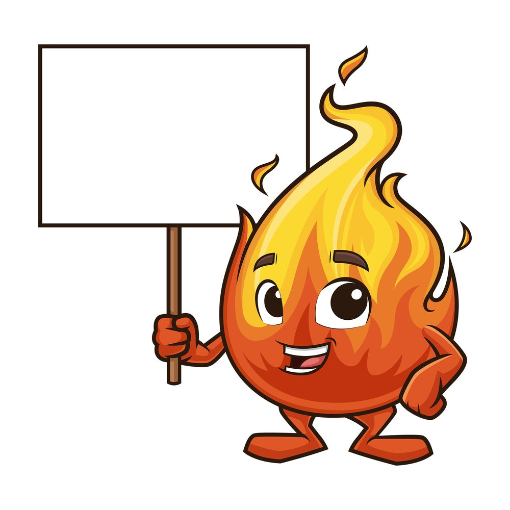 Fire mascot holding blank sign. PNG - JPG and vector EPS (infinitely scalable).