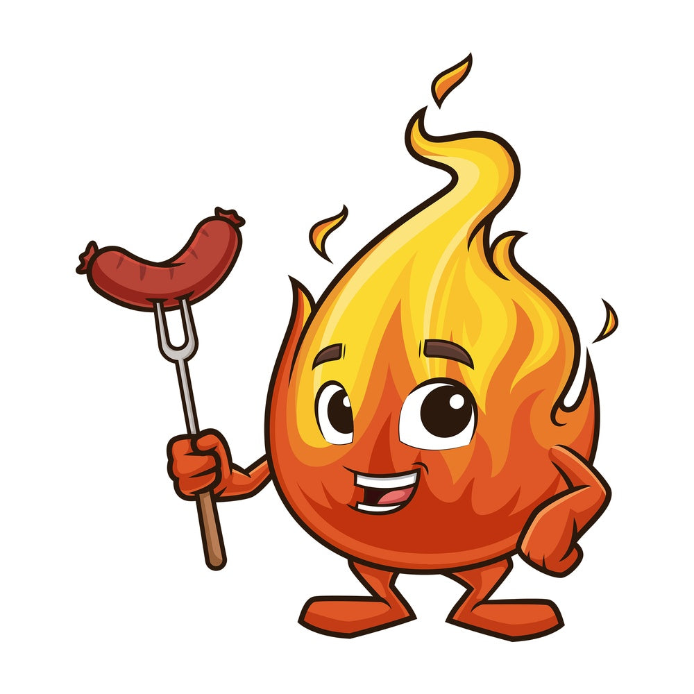Flame mascot barbeque sausage. PNG - JPG and vector EPS (infinitely scalable).